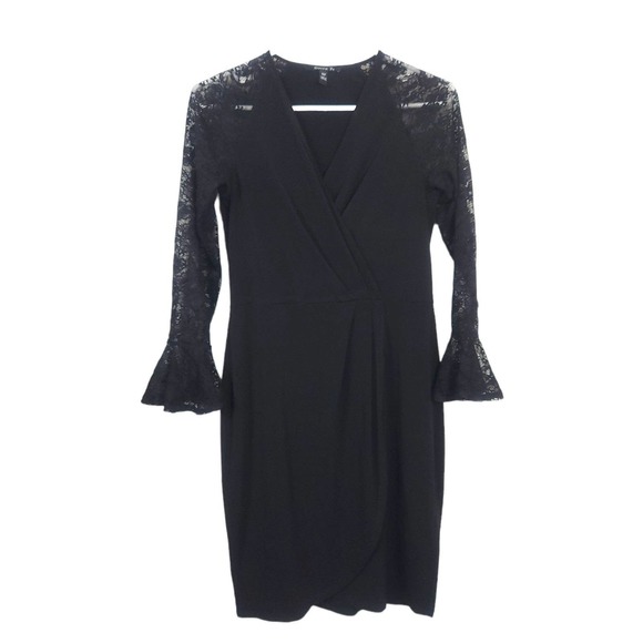 Suite 7 Faux Wrap Lace Bell Sleeve Mini Dress - Picture 1 of 7